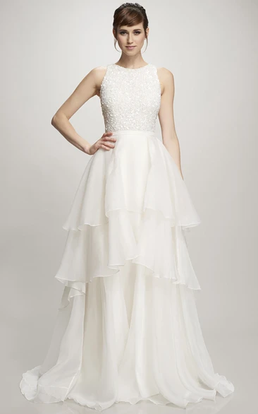 A-Line Beaded Sleeveless Maxi Jewel Organza Wedding Dress With Zipper Back And Tiers
