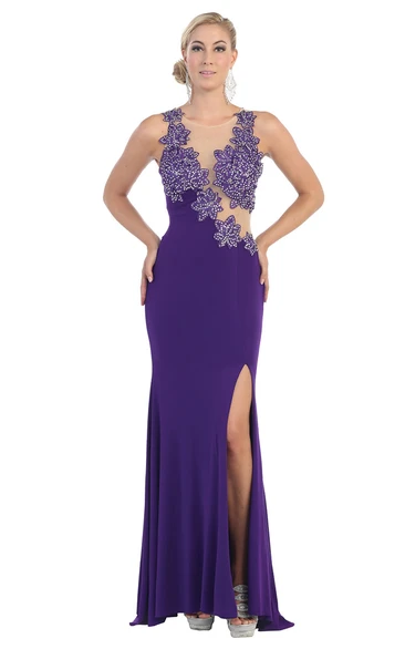 Sheath Scoop-Neck Sleeveless Jersey Illusion Dress With Appliques And Split Front