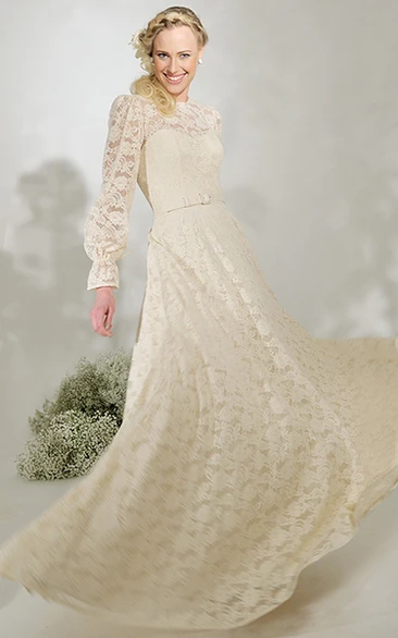 High Neck Long Puff-Sleeve Lace Wedding Dress With Sweep Train And V Back