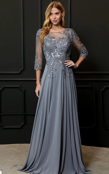 Casual A-Line Lace Bateau Neckline Evening Dress With Low-V Back And Illusion Sleeves