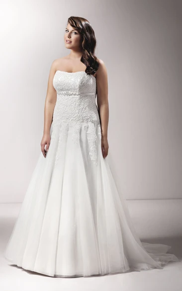 Strapless Lace Tulle A-Line Gown With Pleats