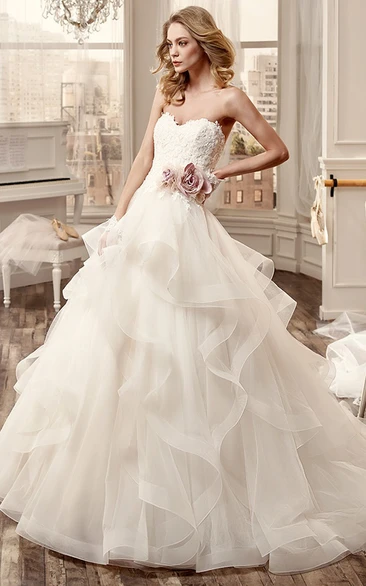 Sweetheart Wedding Dress with Cascading Ruffles and Side Floral Waist