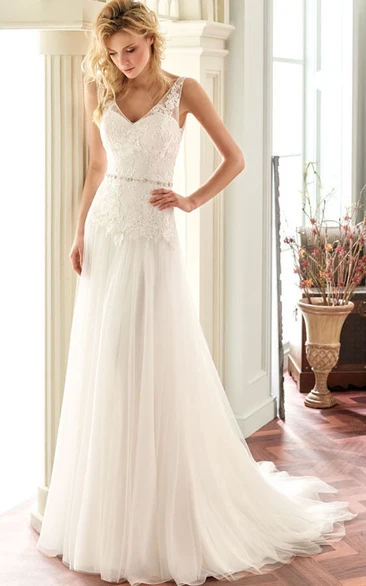 A-Line Sleeveless Floor-Length Appliqued V-Neck Lace Wedding Dress With Deep-V Back And Waist Jewellery