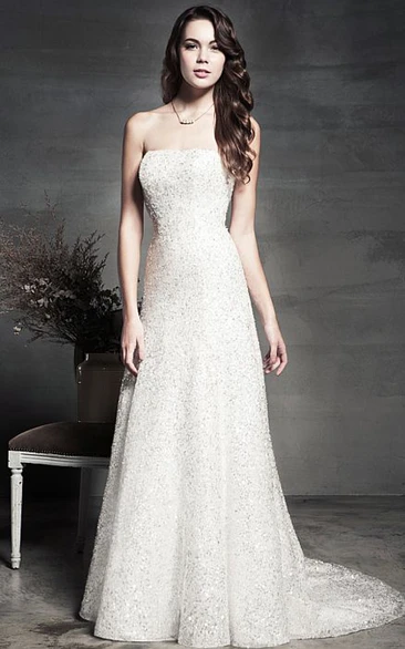 A-Line Strapless Long Sleeveless Sequins Wedding Dress