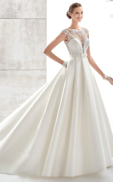 Jewel-Neck A-Line Satin Wedding Dress With Illusive Design And Lace Bodice