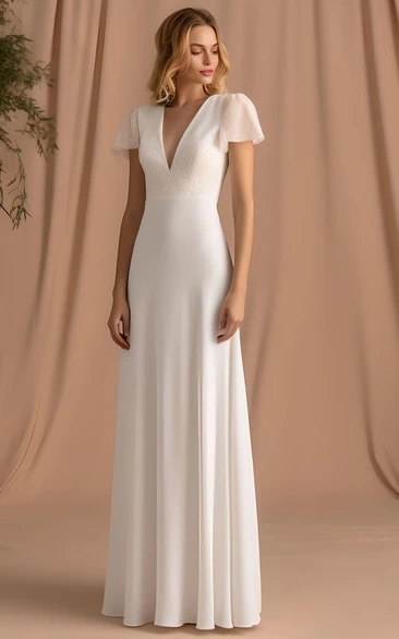 Elegant A-Line Satin Short Sleeve Wedding Dress Simple Beach Garden Court Style