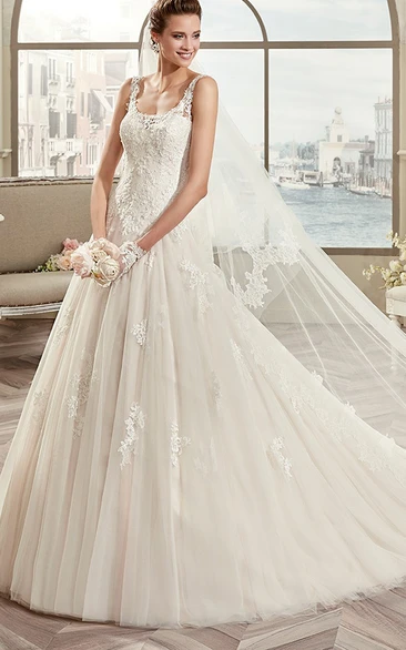 Square-Neck A-Line Lace Bridal Gown With Appliques Straps And Illusive Back