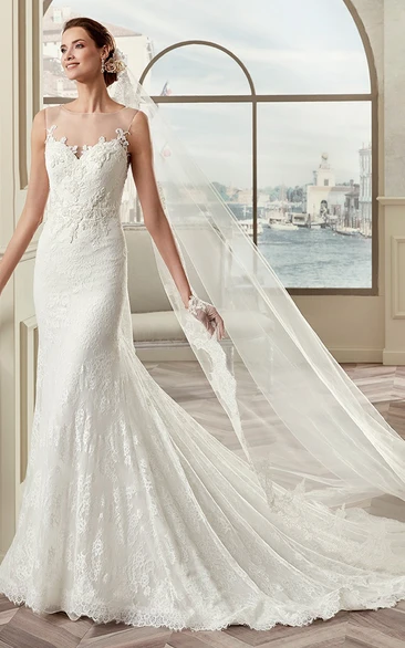 Jewel-Neck Cap Sleeve Lace Bridal Gown With Illusive Design And Brush Train