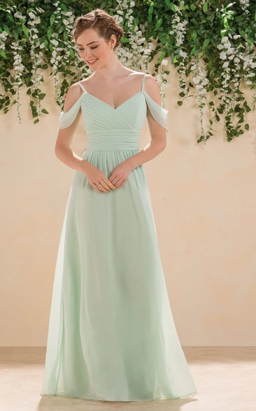 Off-Shoulder A-Line Floor-Length Bridesmaid Dress With Ruches And V-Back