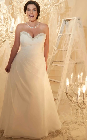 Sheath Sweetheart Draped Floor-Length Chiffon Plus Size Wedding Dress With Beading