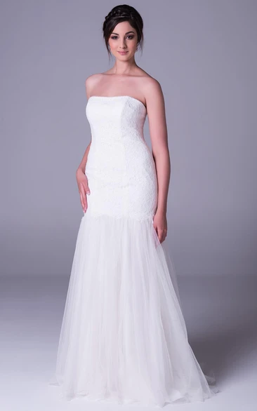 Trumpet Sleeveless Strapless Long Tulle&Lace Wedding Dress