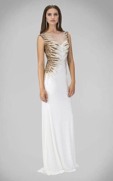 Sheath Maxi Scoop-Neck Sleeveless Jersey Keyhole Dress With Sequins And Pleats