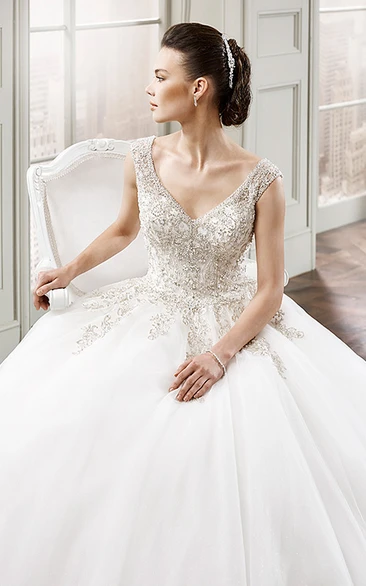Ball Gown Sleeveless Beaded Floor-Length V-Neck Tulle Wedding Dress