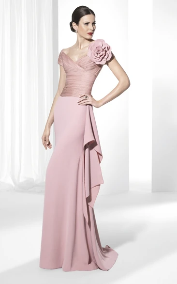 Sheath Ruched Short-Sleeve Floor-Length V-Neck Jersey Prom Dress With Flower And Draping