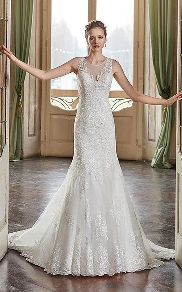 Sheath Sleeveless Scoop-Neck Appliqued Floor-Length Lace Wedding Dress