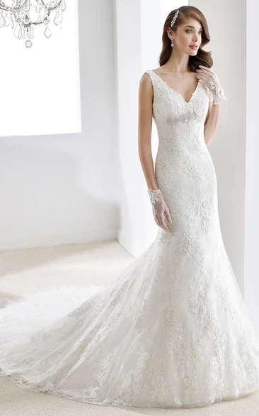 V-Neck Sheath Lace Gown With Beaded Details And Illusive Lace Back