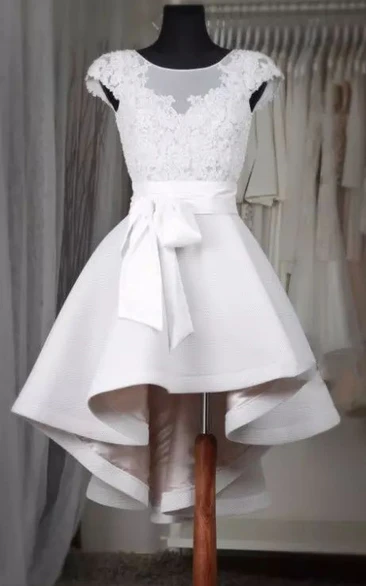 Short Sleeve A-line Square High-low Satin Wedding Dress with Bow Ruffles and Sash