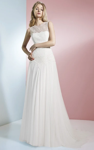 A-Line Jewel Floor-Length Sleeveless Lace Chiffon Wedding Dress With Illusion Back And Sweep Train