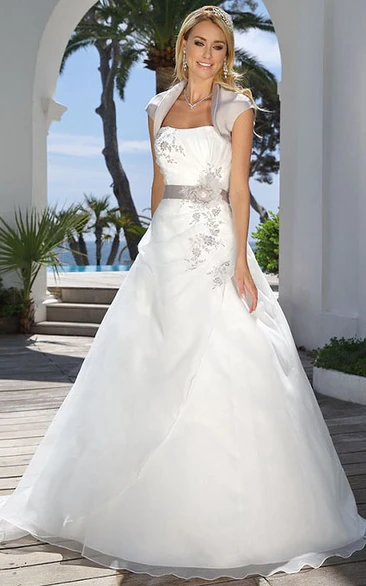 Long Strapless Cape Floral Satin Wedding Dress With Ruching