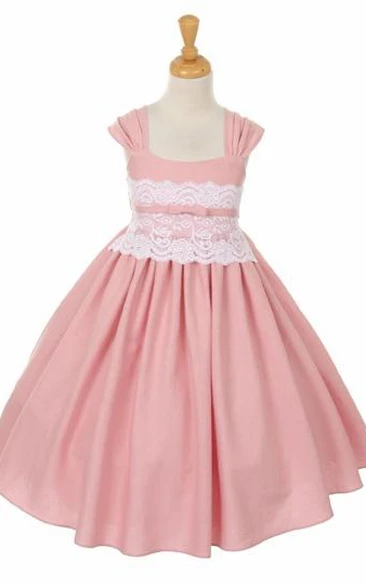 Straps Tea-Length Ruched Appliqued Lace Flower Girl Dress With Tiers