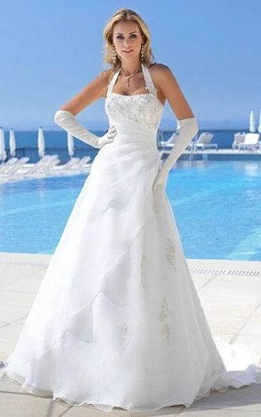 A-Line Halter Long-Sleeveless Appliqued Organza Wedding Dress With Side Draping And Brush Train