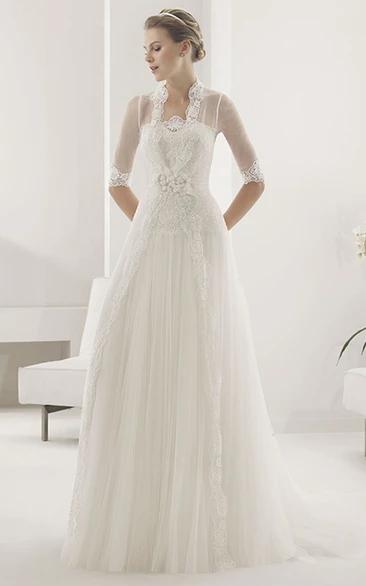 Strapless A-Line Pleated Tulle Bridal Gown With Half-Sleeve Long Wrap