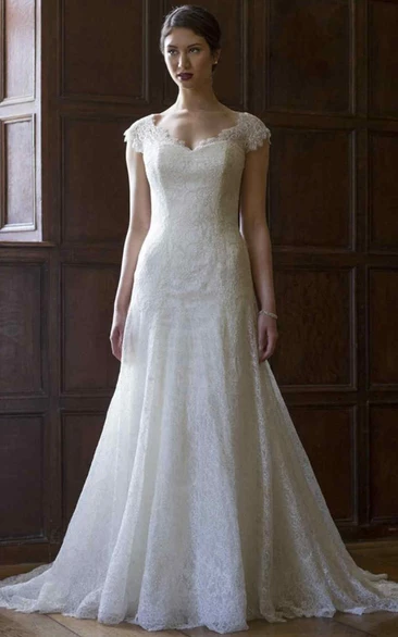 A-Line Cap-Sleeve V-Neck Lace Wedding Dress With Illusion