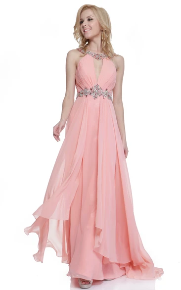 A-Line Long Scoop-Neck Sleeveless Chiffon Straps Dress With Ruching And Beading