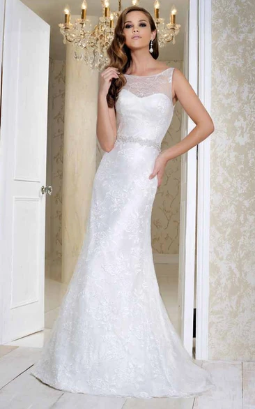 Long Bateau Embroideried Satin Wedding Dress With Sweep Train And Illusion