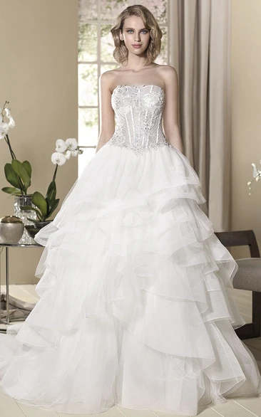 Ball Gown Rufflesd Long Strapless Sleeveless Tulle Wedding Dress With Tiers And Appliques