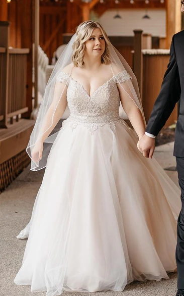 A-Line V-neck Lace Tulle Floor-length Sleeveless Plus Size Garden Wedding Dress