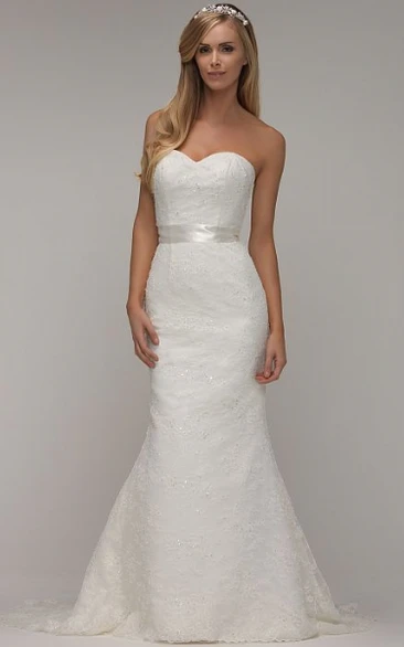 Long Sweetheart Beaded Lace Wedding Dress With Sweep Train And Corset Back