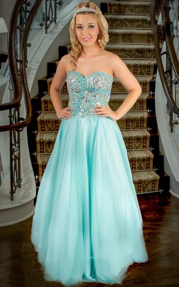 A-Line Sleeveless Sweetheart Beaded Long Tulle Prom Dress With Pleats
