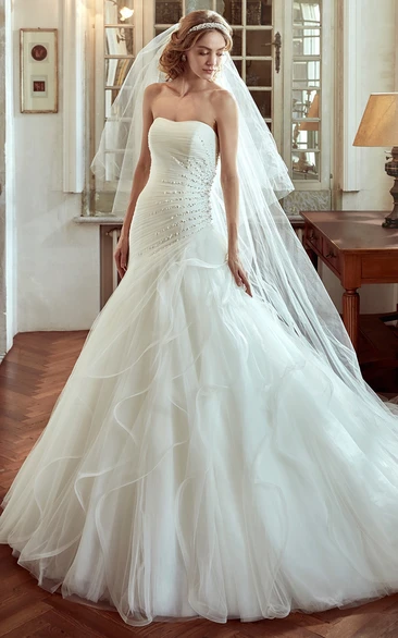 Strapless Wedding Dress With Side Draping and Pearl Embellishment 