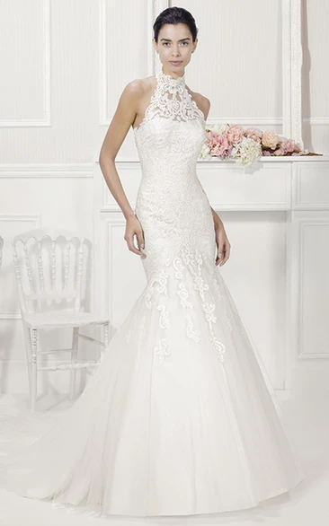 Halter Lace Mermaid Bridal Gown With Tulle Skirt