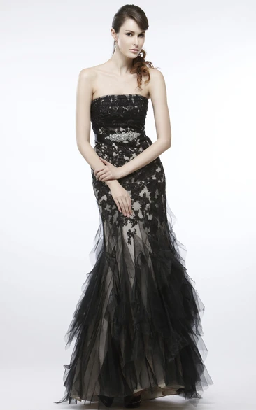 Mermaid Maxi Sleeveless Strapless Appliqued Tulle Prom Dress With Waist Jewellery And Cascading Ruffles