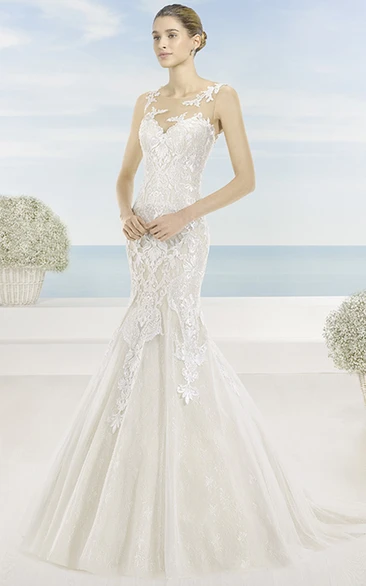 Mermaid Sleeveless Appliqued Floor-Length Bateau Lace Wedding Dress With Court Train And Illusion Back