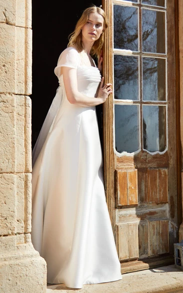 Elegant Square Neck Satin A Line Wedding Dress With Short Sleeve And Button Back