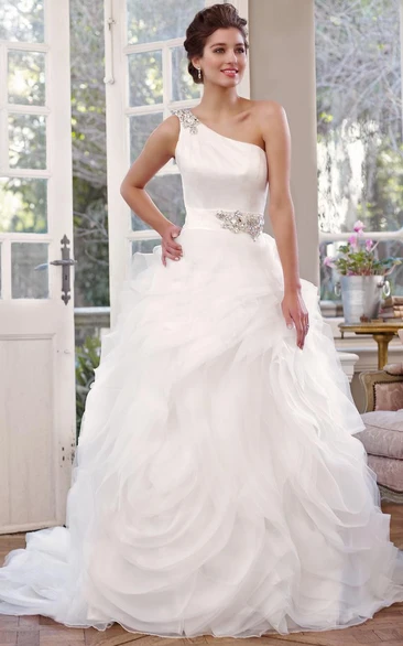 Ball Gown One Shoulder Sleeveless Jeweled Floor Length Tulle Wedding Dress With Appliques And Corset Back UCenter Dress