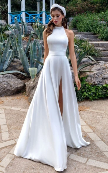 Sexy A-Line Satin High Neck Halter Wedding Dress with Split Front