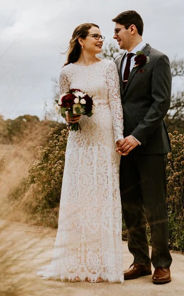 Bateau Sheath Lace Vintage Wedding Dress Long Sleeve With Illusion Back 