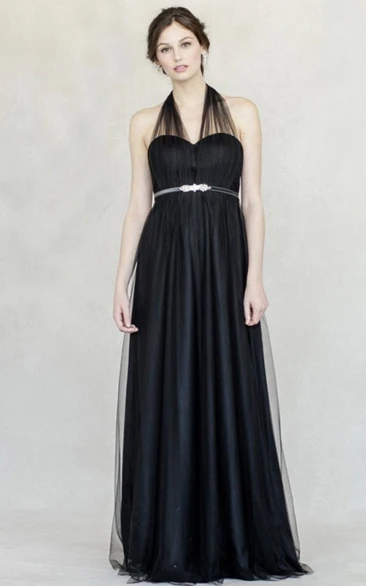 Sleeveless Empire Halter Jeweled Tulle Bridesmaid Dress With Straps