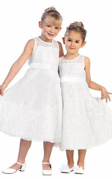 Embroideried Tea-Length Tiered Lace&Satin Flower Girl Dress