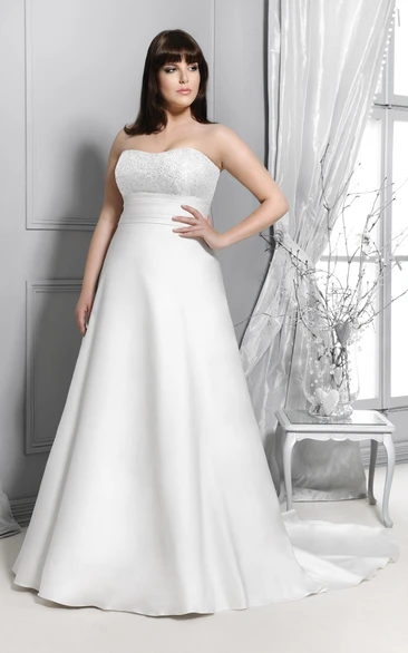 Strapless Satin A-Line Gown With Lace And Sweep Train