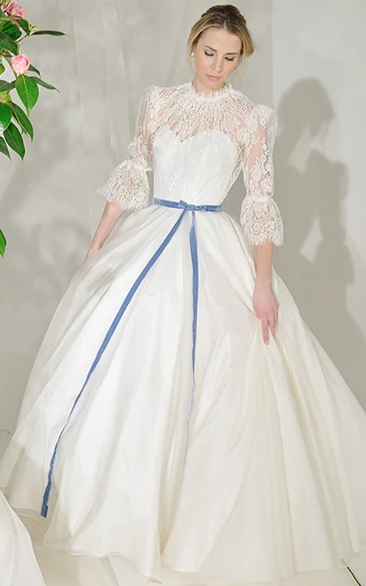 High Neck Maxi Lace Puff-Sleeve Satin Wedding Dress