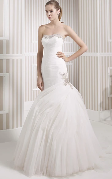 Mermaid Beaded Strapless Tulle Wedding Dress With Ruching