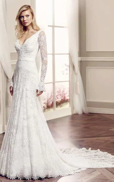 V-Neck Floor-Length Long-Sleeve Lace Wedding Dress With Watteau Train And V Back
