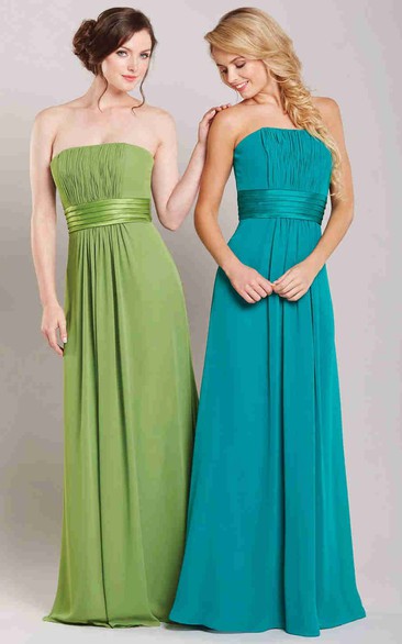 Long Strapless Ruched Chiffon Bridesmaid Dress With Corset Back