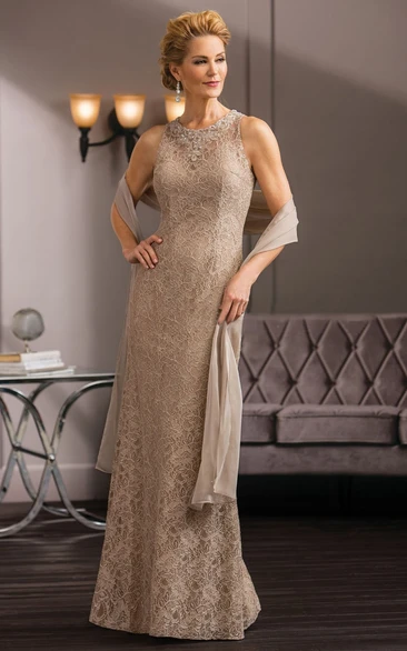 High-Neck Sleeveless Long Lace Gown With Shawl