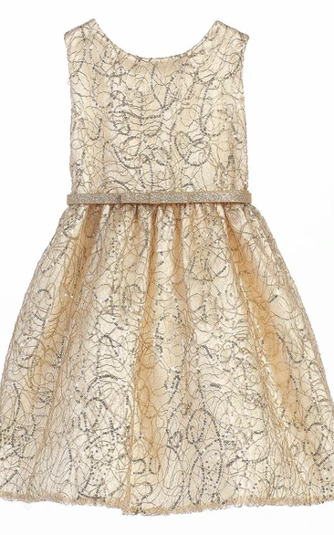 Tea-Length Tiered Bowed Sequins&Satin Flower Girl Dress With Embroidery